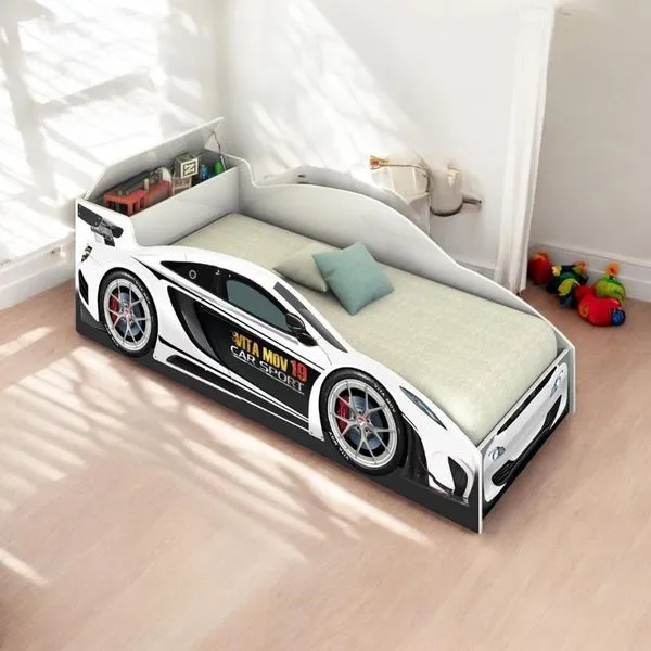 Cama Solteiro Carro Com Baú Branca Com Colchão