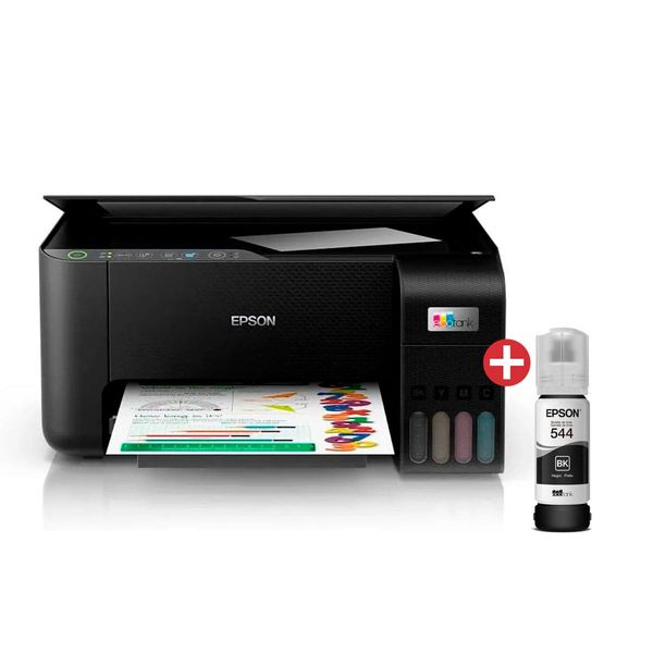 kit com Impressora Multifuncional Epson Ecotank L3250 Colorida Wi-Fi Conexão USB Bivolt + Garrafa Refil de Tinta Epson T544 para impressora Preto