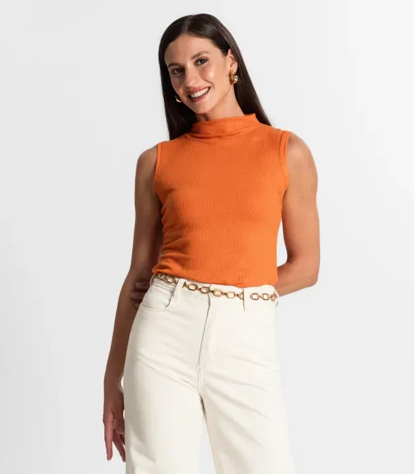 Regata Feminina Em Ribana Canelada Lurex Rovitex Laranja P