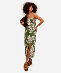 vestido midi de algodão sem alça floral verde G