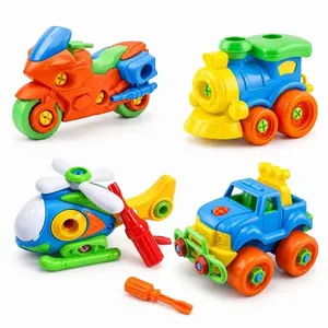 4 Brinquedos Pedagógicos Carrinho Trem Moto Helicóptero de Montar Chave e Parafusos