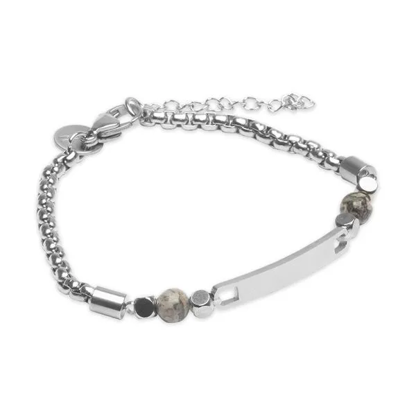 Pulseira Olavo de Aço e Pedra Natural Jaspe Cinza Personalizável Prata Ajustável