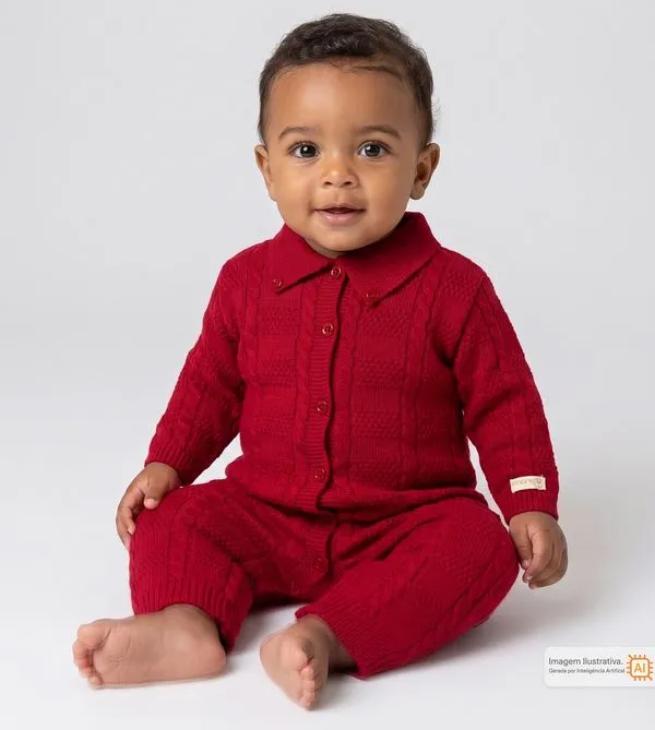 Macacão Tricô Botãozinho Vermelho - P