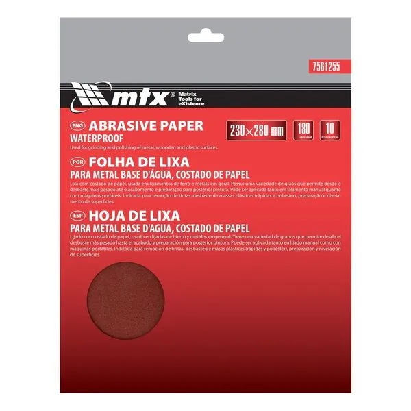 Folha de Lixa para Metal P180 230x280mm 10 Peças 7561255 Vermelho Mtx para Acabamento em Metais Folha de Lixa para Metal P180 230x280mm 10 Unidades 7561255 Vermelho Mtx