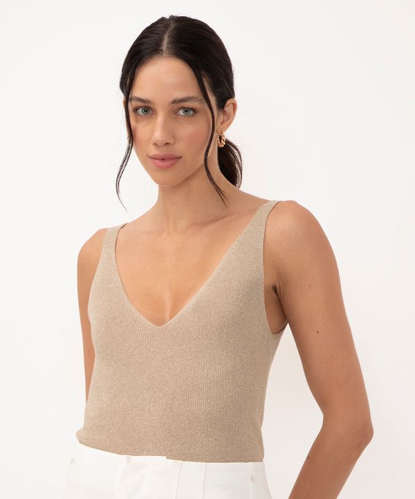 blusa em tricot lurex decote v alça média dourado GG