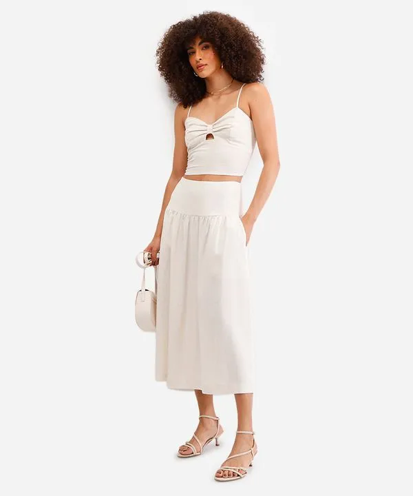 saia midi feminina com linho bege 40