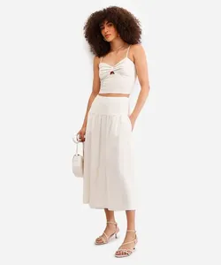 saia midi feminina com linho bege 40