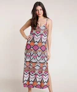 Saída de Praia Feminina Triya Midi Estampada Étnico Alças Finas Branca M