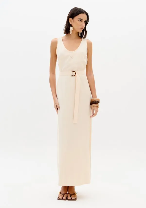 Vestido Super Midi Decote U Com Faixa Bege GG