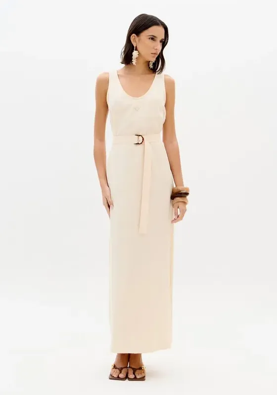 Vestido Super Midi Decote U Com Faixa Bege GG