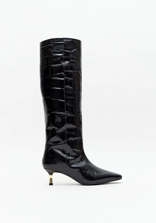 Bota Cano Longo Couro Croco Preto 36