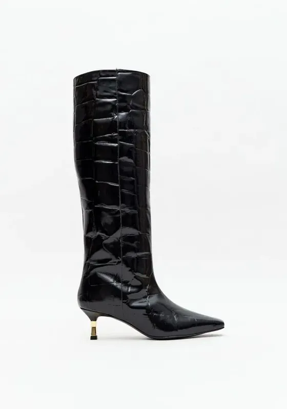 Bota Cano Longo Couro Croco Preto 39