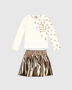 Conjunto Menina Shorts Saia Cós Elástico Em Corino - Carinhoso Off White - 4