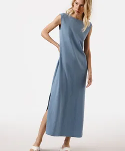 vestido longo feminino de algodão com fendas azul GG