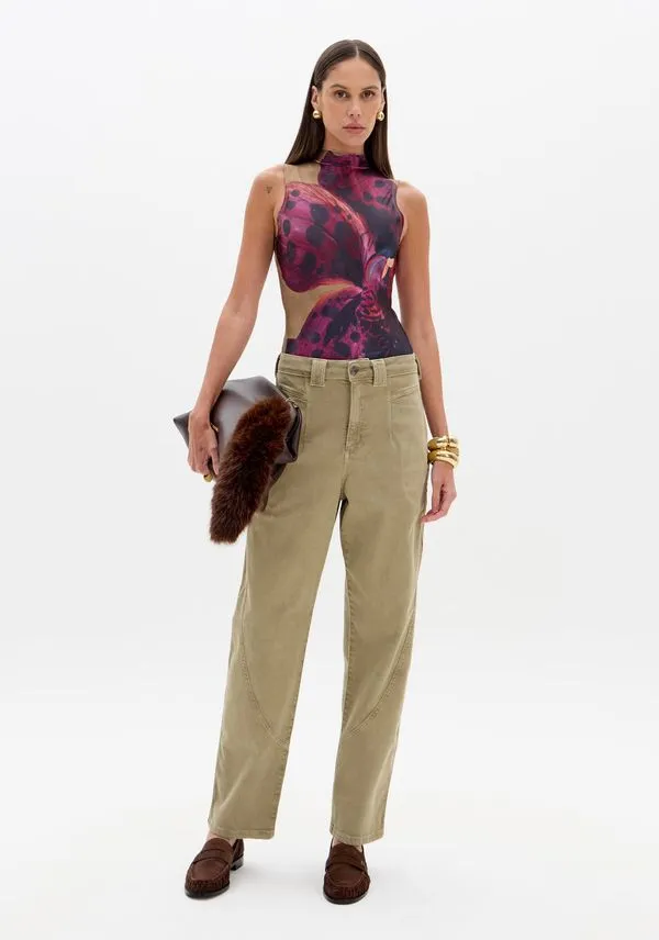Calça Baggy Sarja Com Cintura Alta Verde 34
