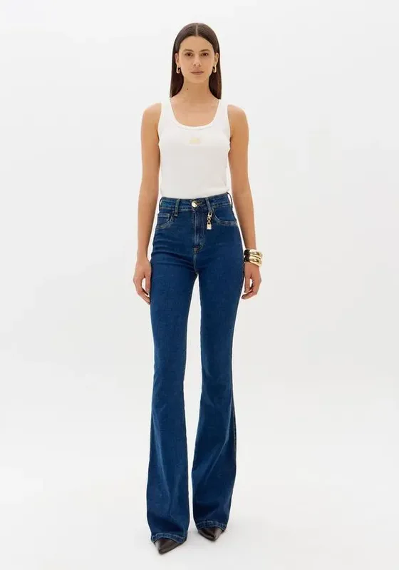 Calça Flare Jeans Com Bolsos Azul 44