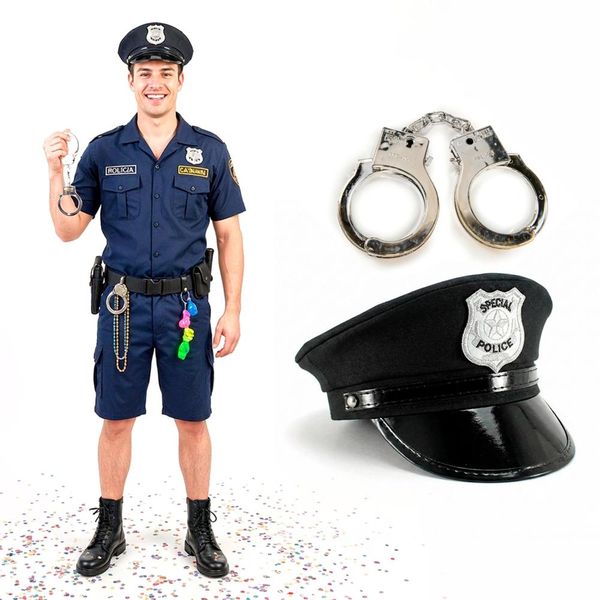 Acessórios Policial Fantasia Carnaval Unissex Adulto Kit com Chapéu Quepe Preto e Algema Realista