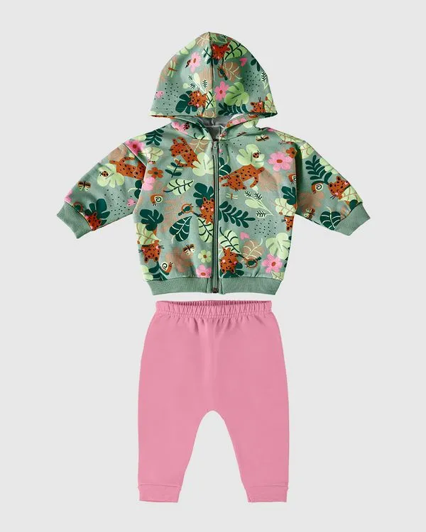 Conjunto Infantil Menina Jaqueta Estampada Em Moletom Malwee Kids Verde - 1