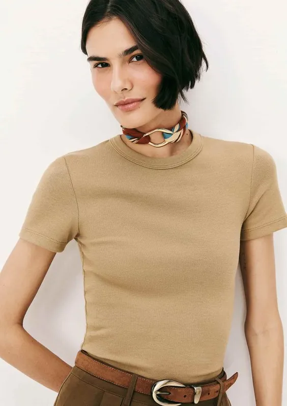 Blusa Feminina Manga Curta Slim Em Ribana - Caqui M