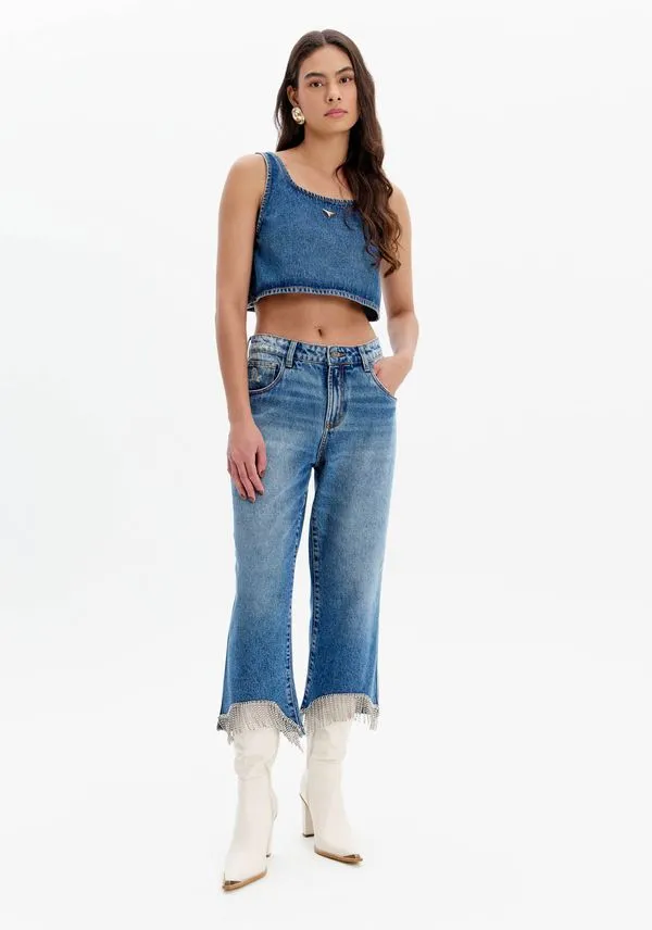 Calça Jeans New Capri Com Franjas Na Barra Azul 32