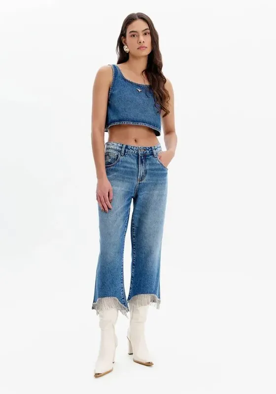 Calça Jeans New Capri Com Franjas Na Barra Azul 32