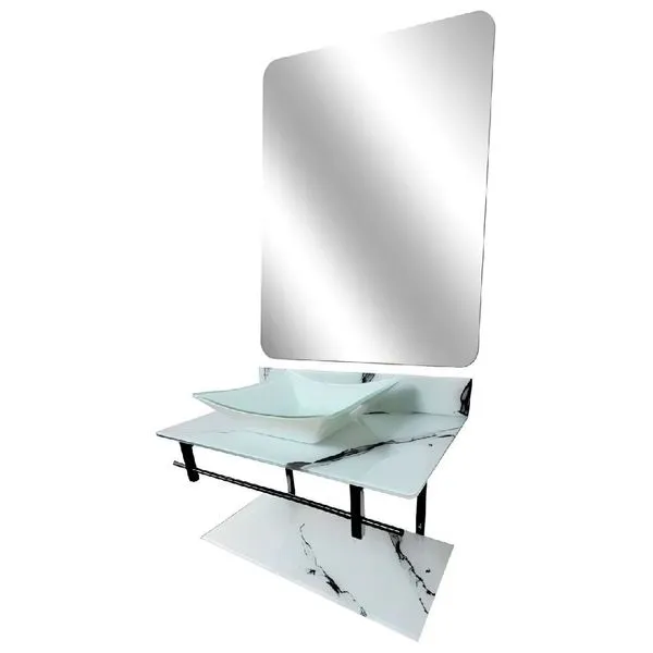 Lavatório com Cuba Rubi Branco Marmorizado 70x40cm Vidro Lapidado Temperado 10mm Dulluc Lavatório com Cuba Rubi Branco 70x40cm Vidro Lapidado Dulluc