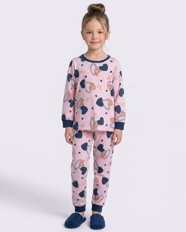 Pijama Longo Infantil Algodão Estampa Urso Rosa 6