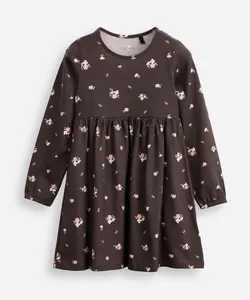 vestido infantil de algodão manga longa floral cinza 4