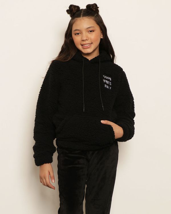 Blusão Juvenil Sherpa Bolso Canguru Com Capuz Preto 12