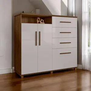 Cômoda Helena 4 Gavetas com Portas e Prateleiras em Madeira Malbec e Off White 114x136x46.5 cm Cômoda Helena 4 Gavetas com Portas em Madeira Malbec e Off White 114x136x46.5 cm