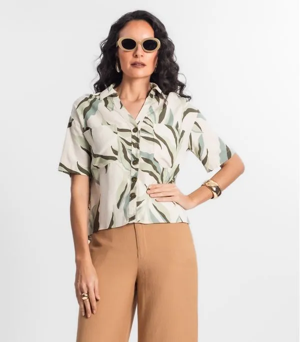Camisa Feminina Estampada Com Botões Select Bege M
