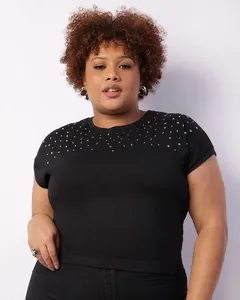 Blusa Plus Size Feminina Com Aplicação Preta G1
