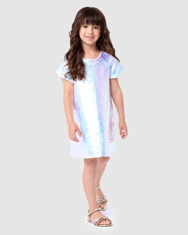 Vestido Menina Em Paetê Furta-Cor - Carinhoso Prata - 8