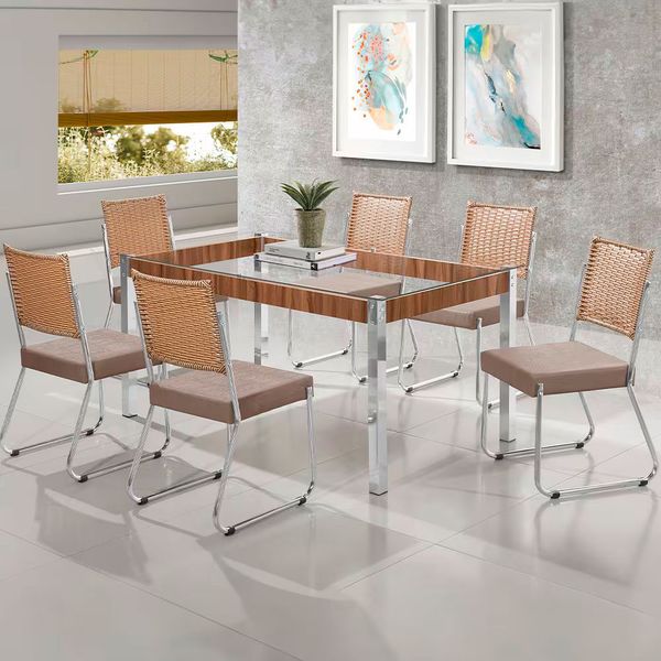 Mesa de Jantar Claudia com Tampo Kanon 6 Cadeiras Aço Nobre Bege e Nogal