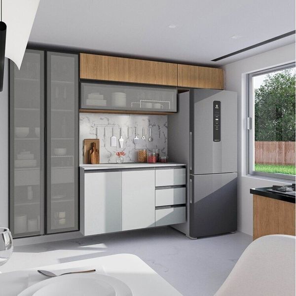 Cozinha Modulada 5 Peças 3 Aéreos 1 Balcão 1 Cristaleira Nara CabeCasa MadeiraOriginals Avena/Cinza Claro