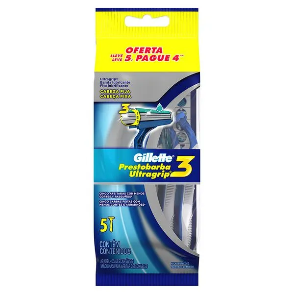 Kit Aparelho de Barbear Gillette Prestobarba Ultragrip 3 Leve 5 Pague 4