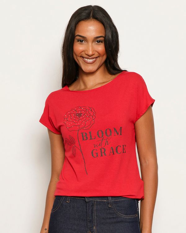 Blusa Feminina Manga Curta Estampa Com Aplicação Vermelha M