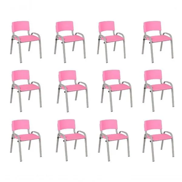 Kit 12 Cadeiras Infantil Iso, Escola, Base Cinza- Rosa