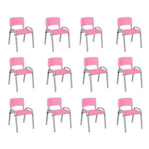 Kit 12 Cadeiras Infantil Iso, Escola, Base Cinza- Rosa