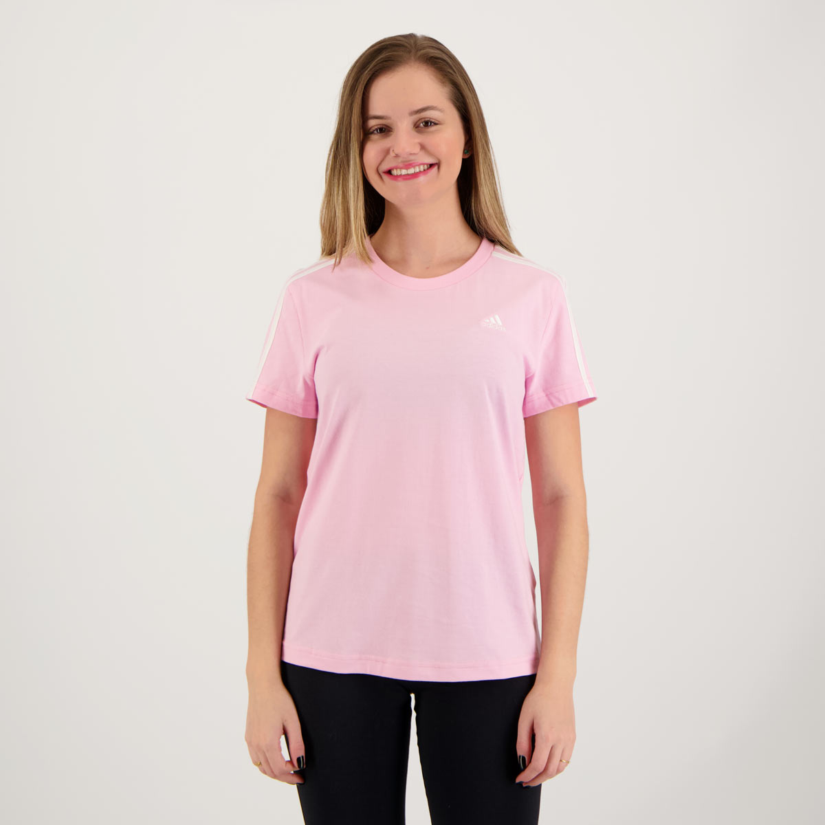 Camiseta Adidas 3 Listras Feminina Rosa e Branca