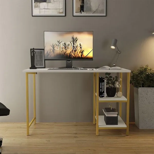 Escrivaninha Mesa Office Estudo Estilo Industrial 110cm Klm Dourado-off White