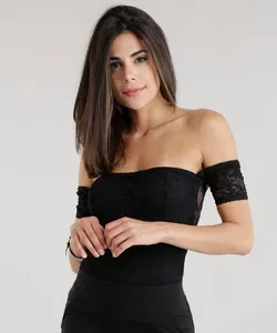 Body Ombro a Ombro em Renda sem Bojo Preto 44