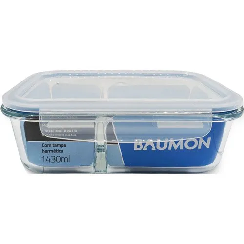 Pote Hermético de Vidro Retangular 1430ml Baumon 3 Divisórias Tampa Plástica