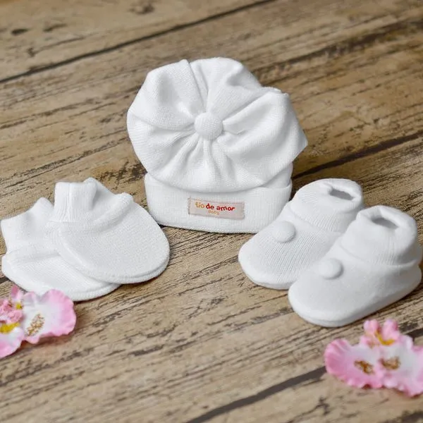 Kit Sapatos Luvas e Touca 1005 - Tam. RN Branco