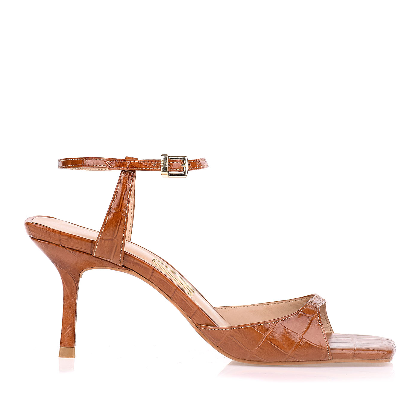 Sandália Salto Médio Croco Caramel