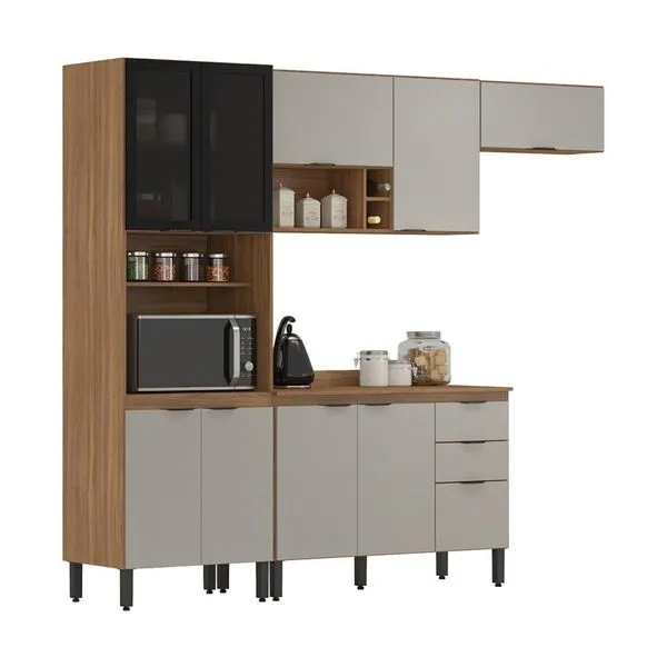 Cozinha Compacta com Tampo Firenze 10 Portas 2 Gavetas Amêndola e Bege
