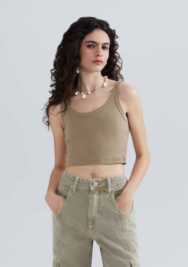 Regata Básica Feminina Cropped Em Ribana Canelada - Caqui XP