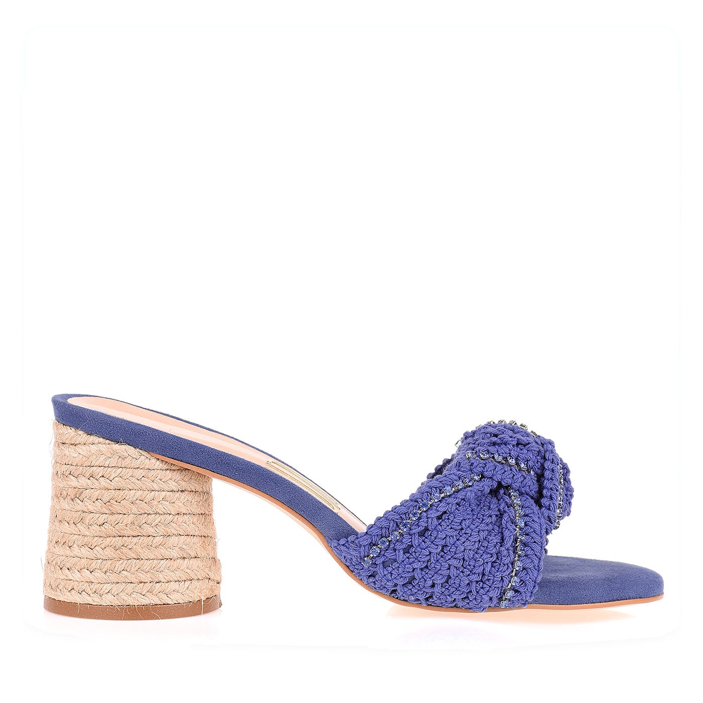 Sandália Salto Médio Crochet Denim