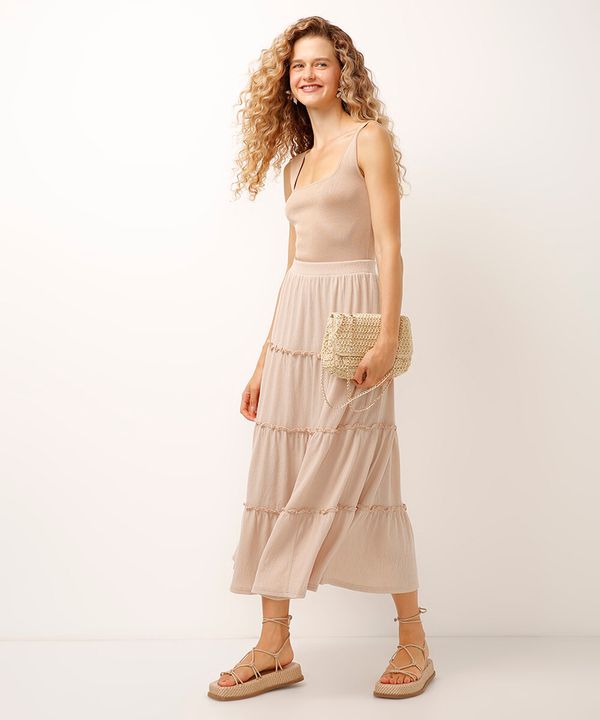saia midi texturizada com frufru bege P