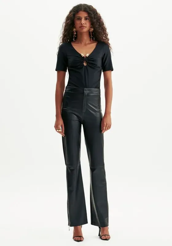 Calça De Couro Boot Cut Preto P